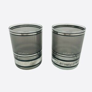 Vintage MCM Culver Silver Stripe Glass Set of 2 Bar Whiskey Loball Hiball Pair